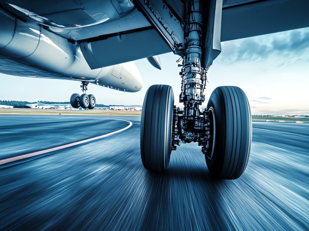 Close-up of an airplane’s landing gear touching down on a runway, capturing movement and detail of the wheels and aircraft.