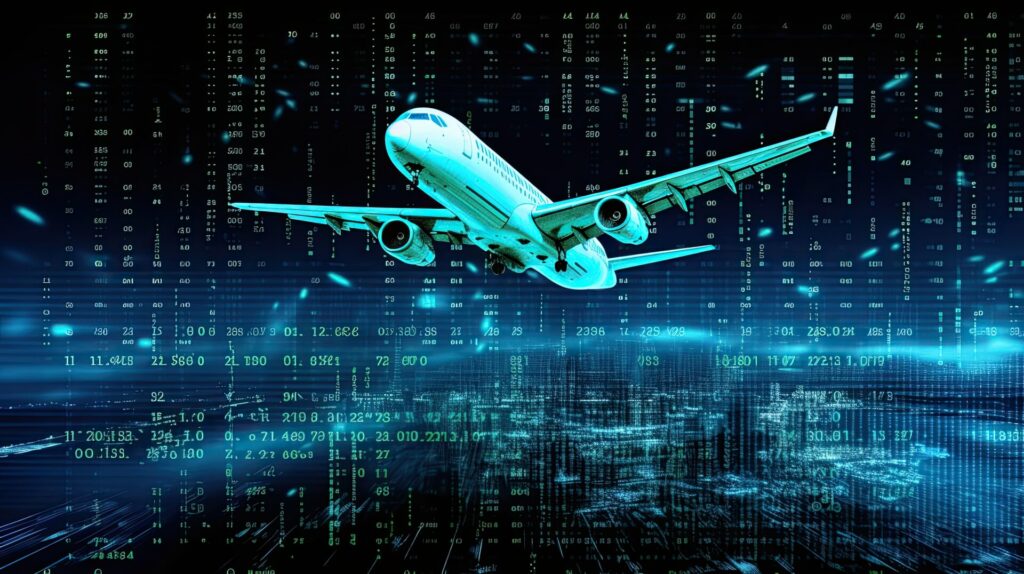 Airplane in flight against a digital background with binary code, illustrating the intersection of aviation and technology.