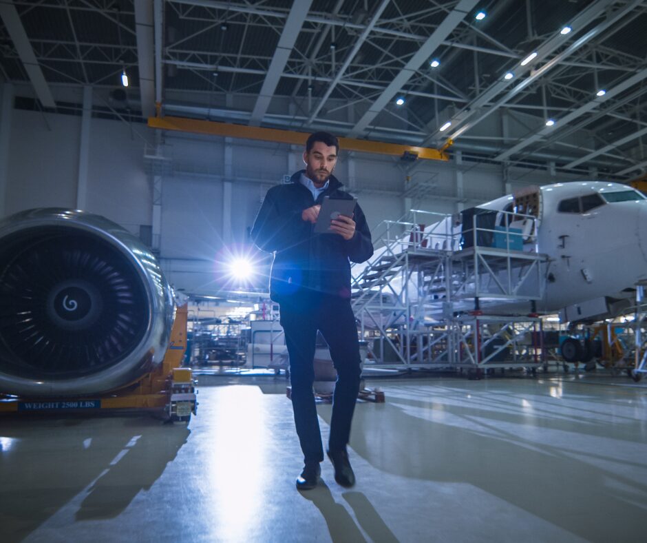 A man inspects a tablet in an aircraft hangar with a jet engine on a stand and an airplane under assembly.